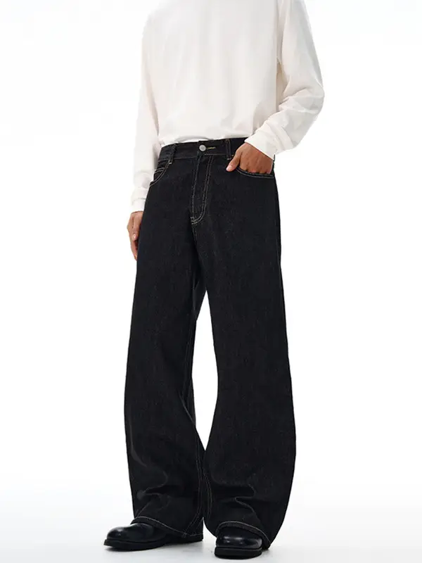 Men's Raw Cow Leather Jeans Dark Blue Straight Fit 2023m