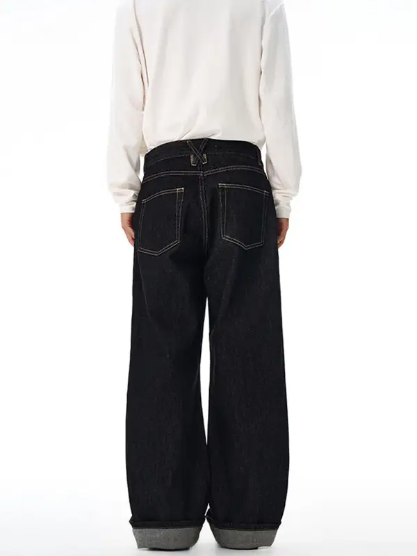 Men's Raw Cow Leather Jeans Dark Blue Straight Fit 2023m
