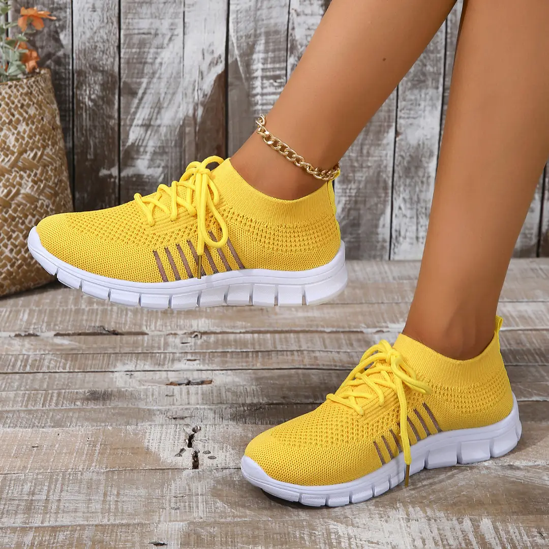 Foreign Trade Spring and Summer Women's Fly-Knit Shoes, Women's Breathable Sports Shoes, Deep-Mouth Lace-Up Platform Sole Women's Running Mesh Shoes
