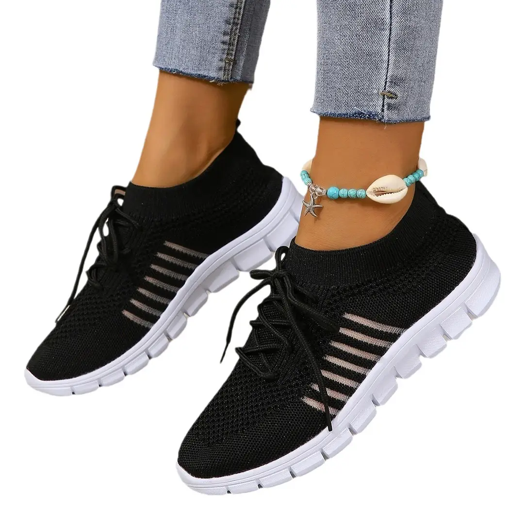 Foreign Trade Spring and Summer Women's Fly-Knit Shoes, Women's Breathable Sports Shoes, Deep-Mouth Lace-Up Platform Sole Women's Running Mesh Shoes