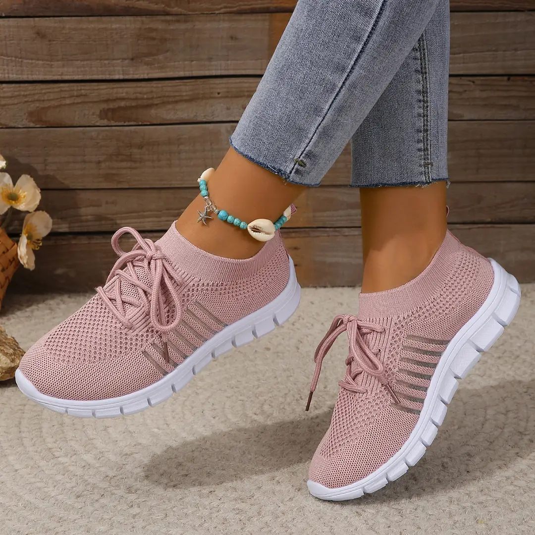 Foreign Trade Spring and Summer Women's Fly-Knit Shoes, Women's Breathable Sports Shoes, Deep-Mouth Lace-Up Platform Sole Women's Running Mesh Shoes