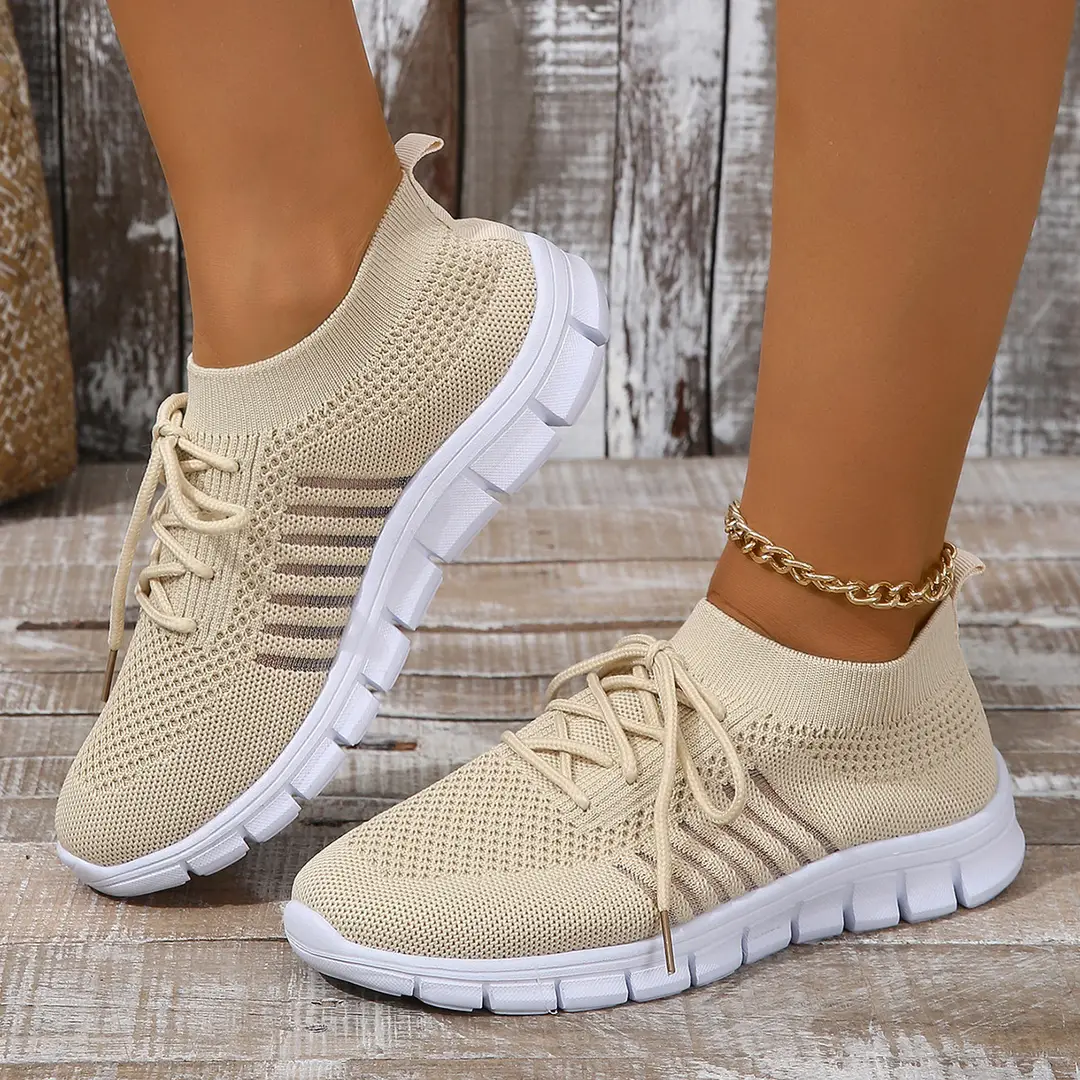 Foreign Trade Spring and Summer Women's Fly-Knit Shoes, Women's Breathable Sports Shoes, Deep-Mouth Lace-Up Platform Sole Women's Running Mesh Shoes