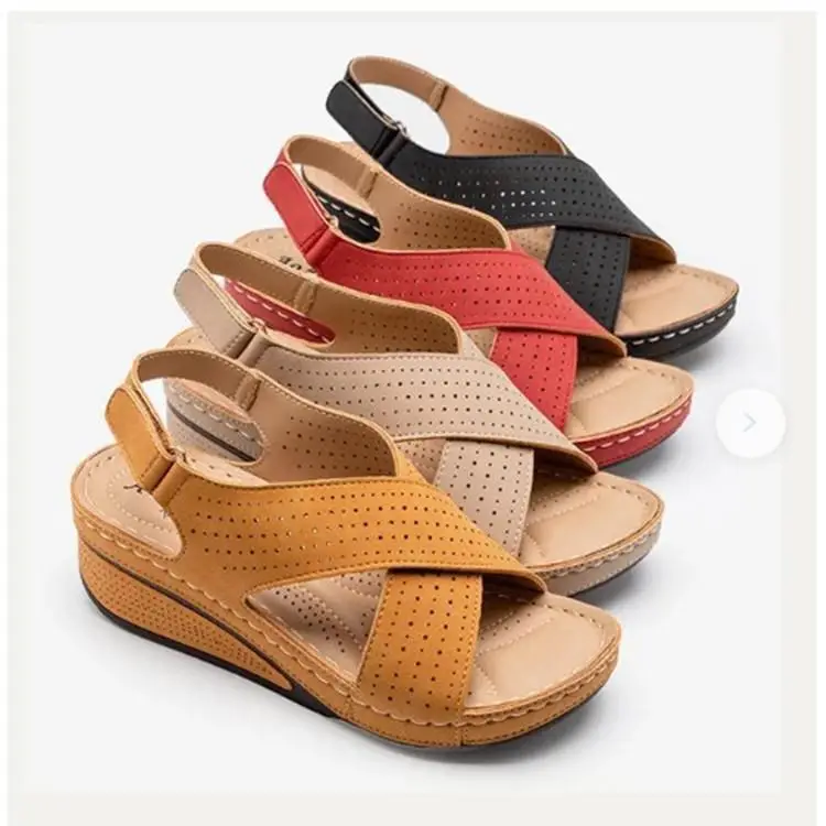 European and American Foreign Trade Large Size Women's Shoes Summer Women's Sandals Wedge Heel Breathable Velcro Thick Sole Hollow Sandals Large Size Wholesale - Image 5