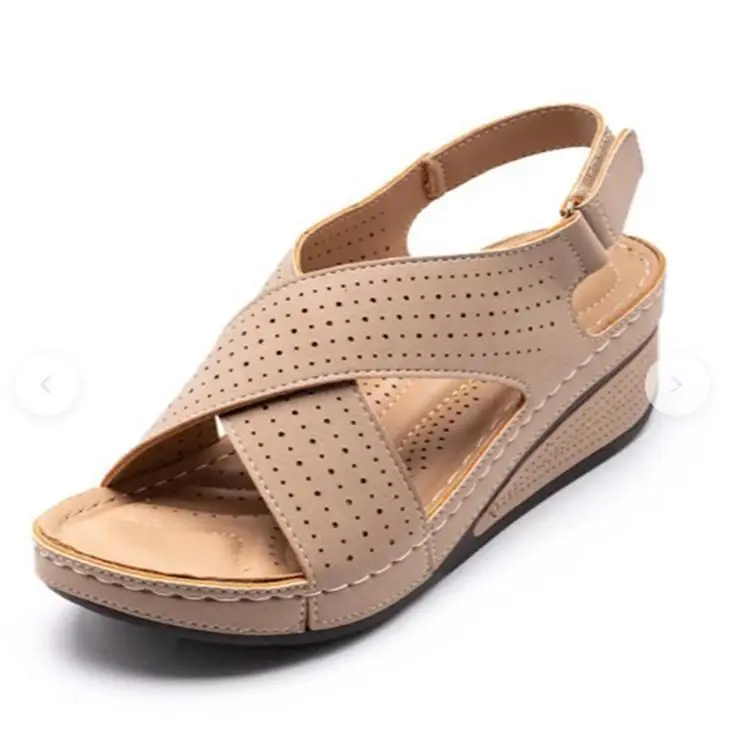 European and American Foreign Trade Large Size Women's Shoes Summer Women's Sandals Wedge Heel Breathable Velcro Thick Sole Hollow Sandals Large Size Wholesale - Image 6