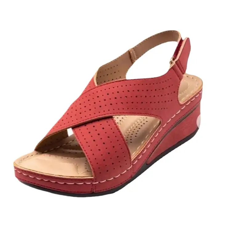 European and American Foreign Trade Large Size Women's Shoes Summer Women's Sandals Wedge Heel Breathable Velcro Thick Sole Hollow Sandals Large Size Wholesale - Image 8