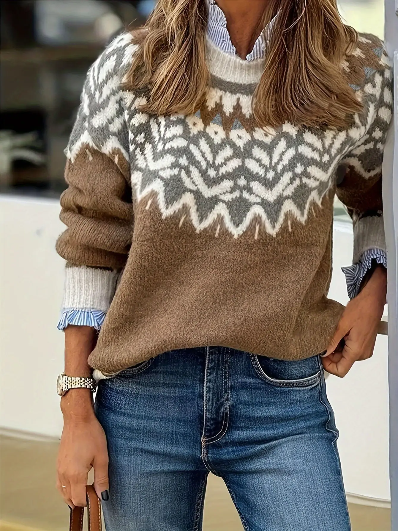 Women's Blue Fair Isle Pullover Sweater Winter Casual - Image 2
