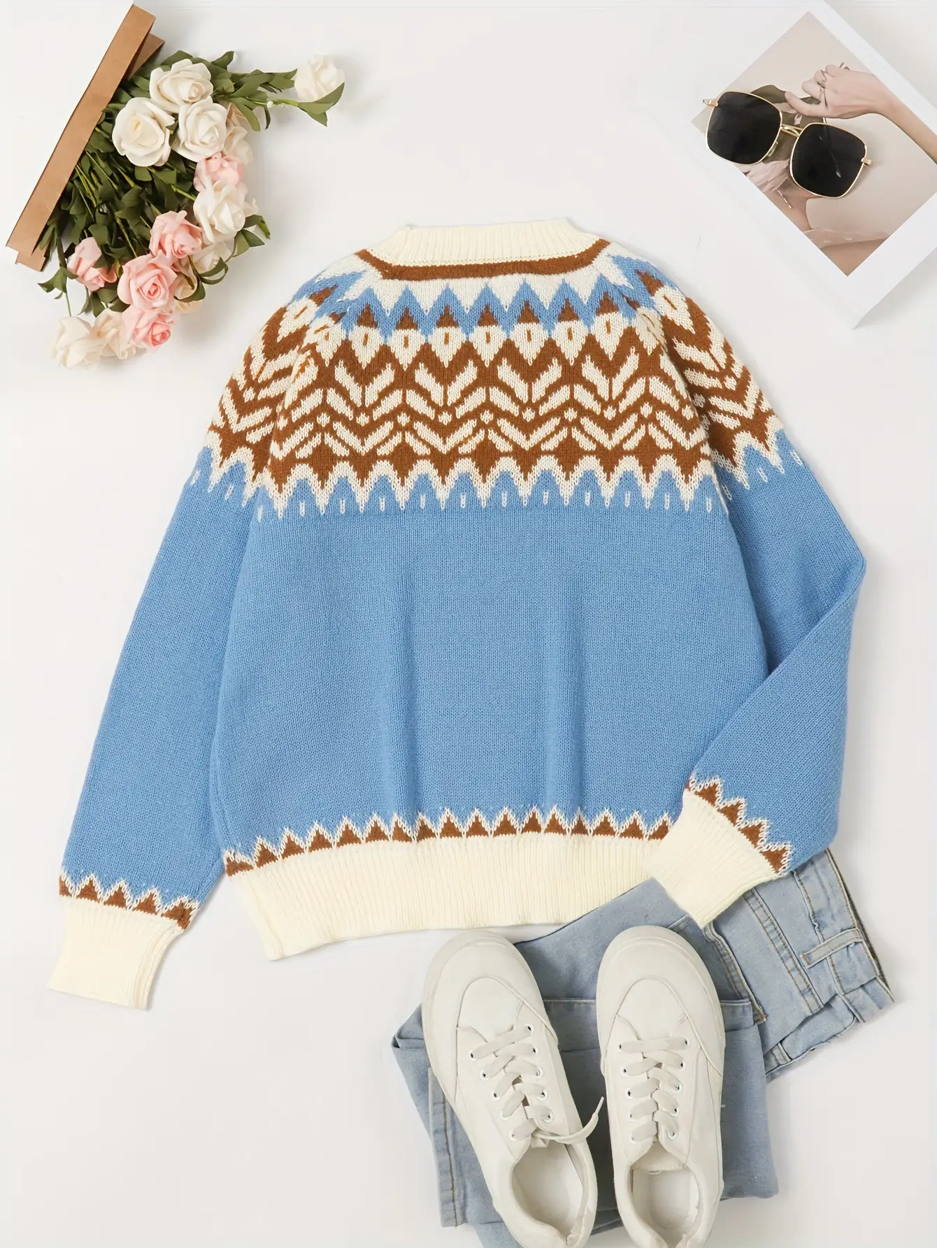Women's Blue Fair Isle Pullover Sweater Winter Casual - Image 3