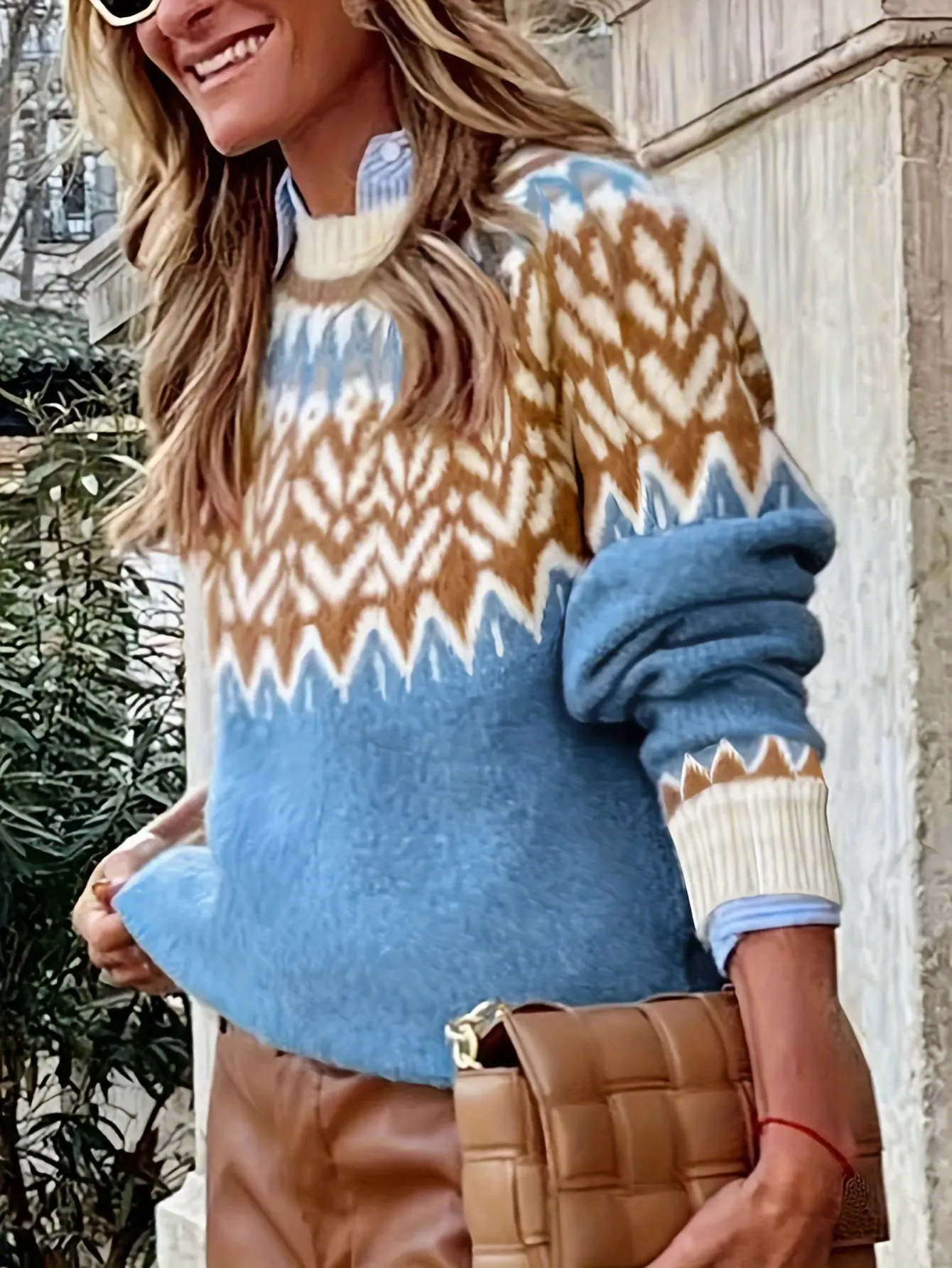 Women's Blue Fair Isle Pullover Sweater Winter Casual - Image 5