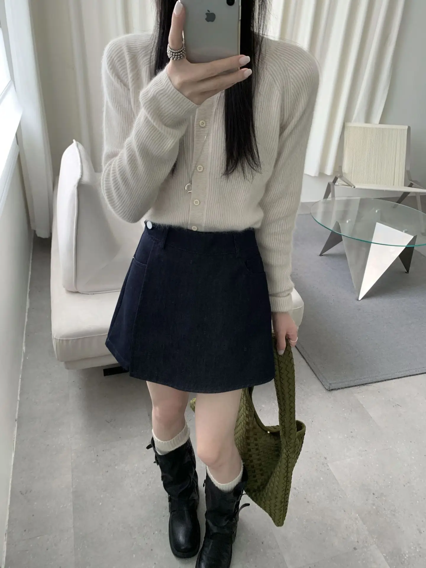 Women Retro Dark Blue A-Line Skirt with High Waist