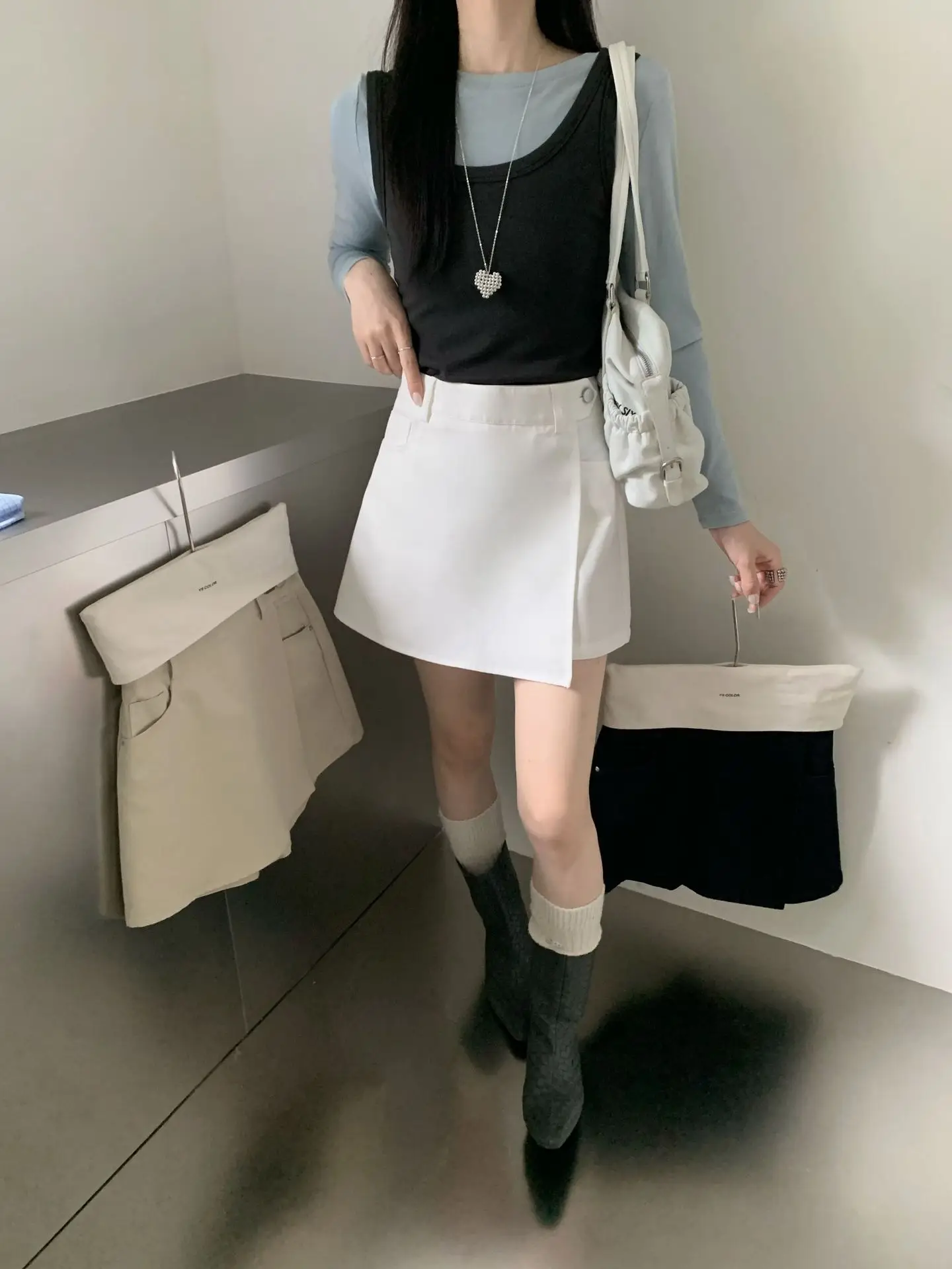 Women Retro Dark Blue A-Line Skirt with High Waist