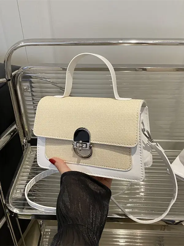 Women's Green Cream Lock Buckle Shoulder Bag - Image 10