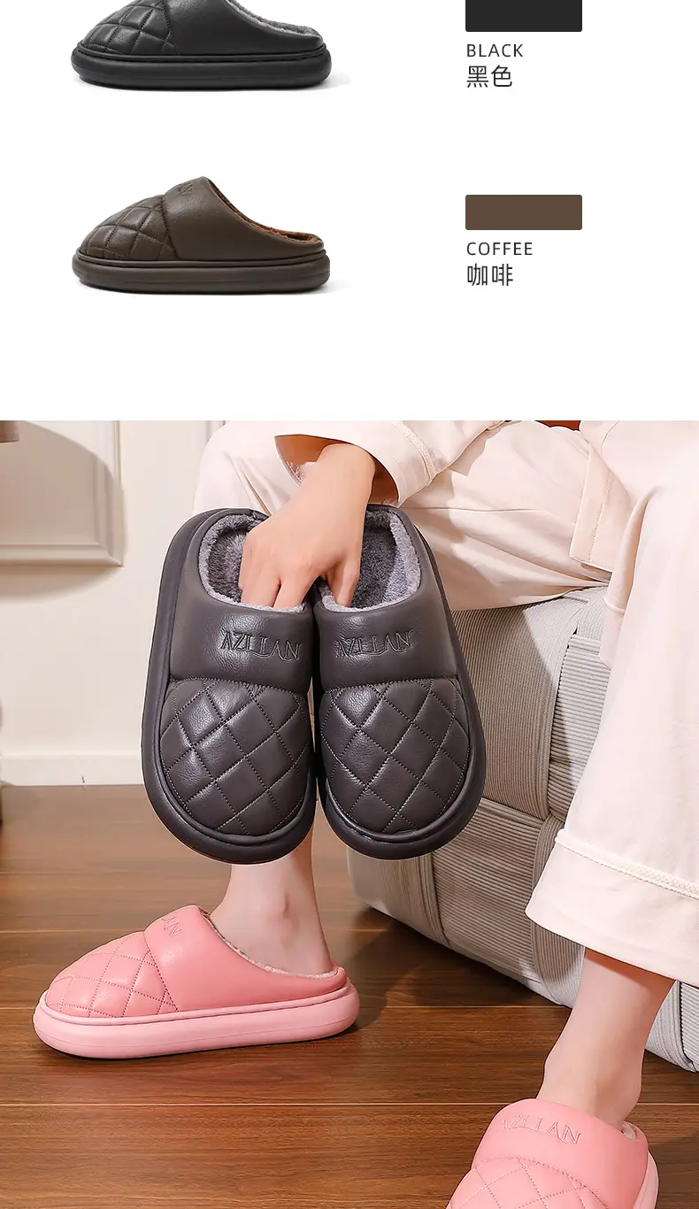 Men's and Women's Cotton Slippers Men's Winter Indoor Home Waterproof Anti-Slip Indoor and Outdoor Leather Warm Thick-Soled Fleece-Lined Cotton Slippers — feature 8