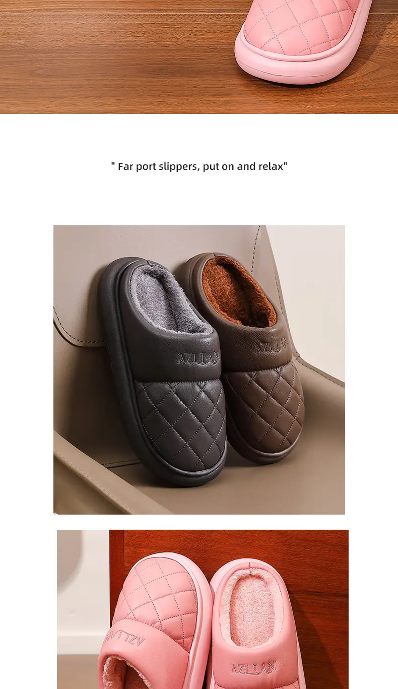 Men's and Women's Cotton Slippers Men's Winter Indoor Home Waterproof Anti-Slip Indoor and Outdoor Leather Warm Thick-Soled Fleece-Lined Cotton Slippers — feature 9
