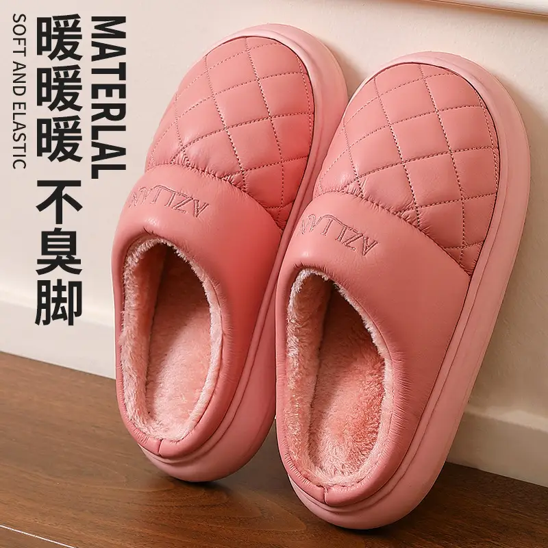 Men's and Women's Cotton Slippers Men's Winter Indoor Home Waterproof Anti-Slip Indoor and Outdoor Leather Warm Thick-Soled Fleece-Lined Cotton Slippers - Image 2