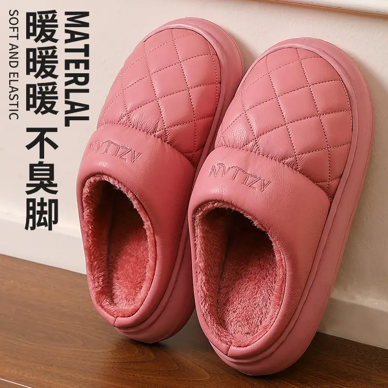 Men's and Women's Cotton Slippers Men's Winter Indoor Home Waterproof Anti-Slip Indoor and Outdoor Leather Warm Thick-Soled Fleece-Lined Cotton Slippers - Image 3