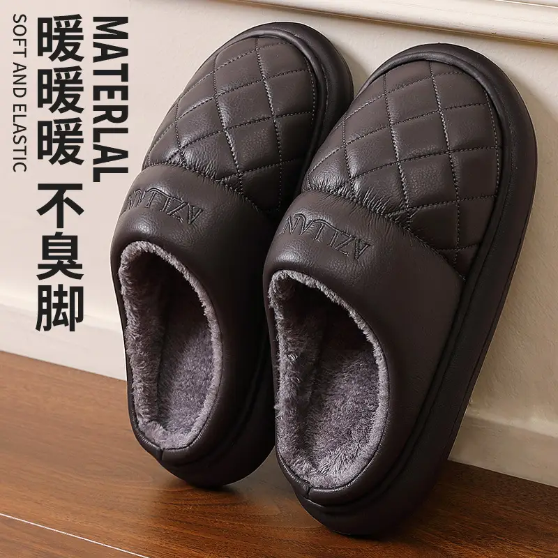 Men's and Women's Cotton Slippers Men's Winter Indoor Home Waterproof Anti-Slip Indoor and Outdoor Leather Warm Thick-Soled Fleece-Lined Cotton Slippers - Image 4