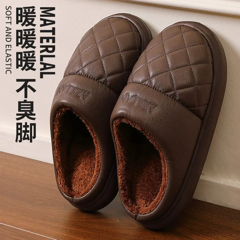 Men's and Women's Cotton Slippers Men's Winter Indoor Home Waterproof Anti-Slip Indoor and Outdoor Leather Warm Thick-Soled Fleece-Lined Cotton Slippers - Image 5