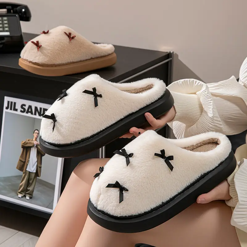 Women's Bow Style Fleece Lined Slippers Brown Winter - Image 6