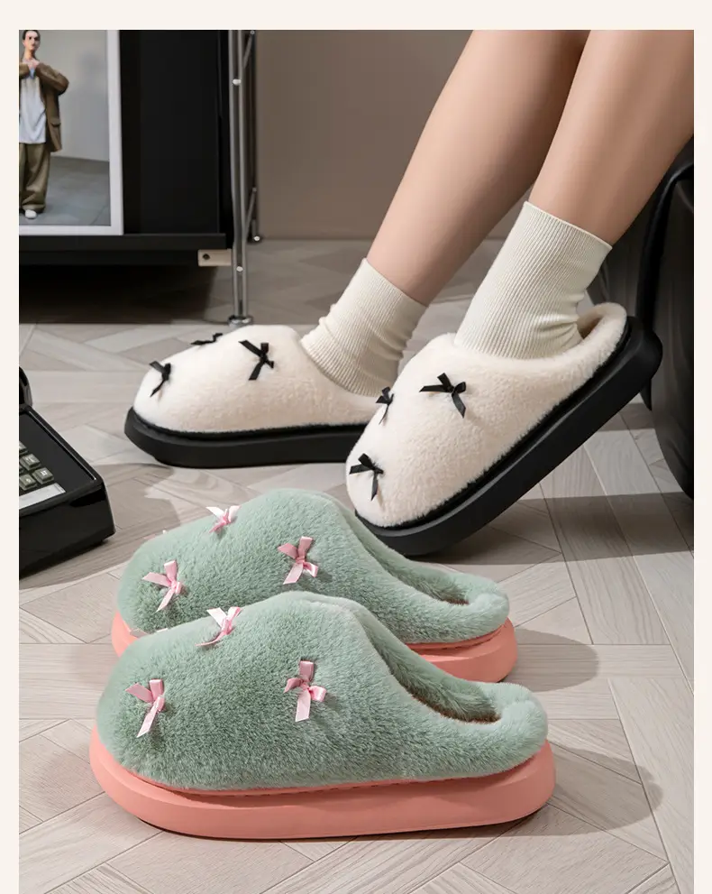 Women's Bow Style Fleece Lined Slippers Brown Winter — feature 17