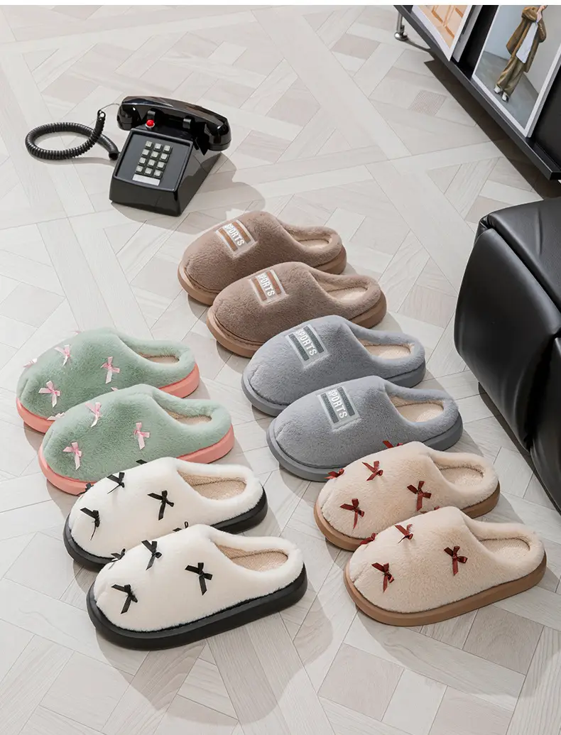 Women's Bow Style Fleece Lined Slippers Brown Winter — feature 3