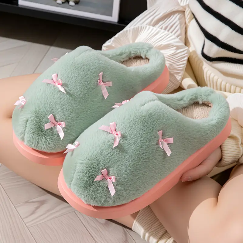 Women's Bow Style Fleece Lined Slippers Brown Winter - Image 2
