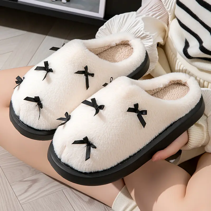 Women's Bow Style Fleece Lined Slippers Brown Winter - Image 3