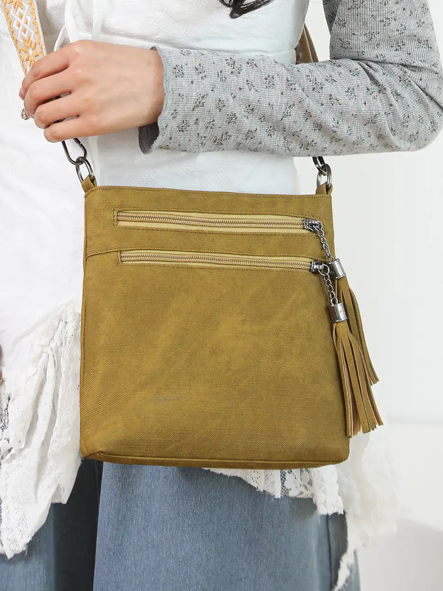 Women Retro Tassel Shoulder Bag Olive Green 2025