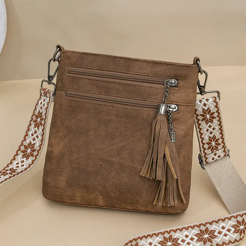 Women Retro Tassel Shoulder Bag Olive Green 2025