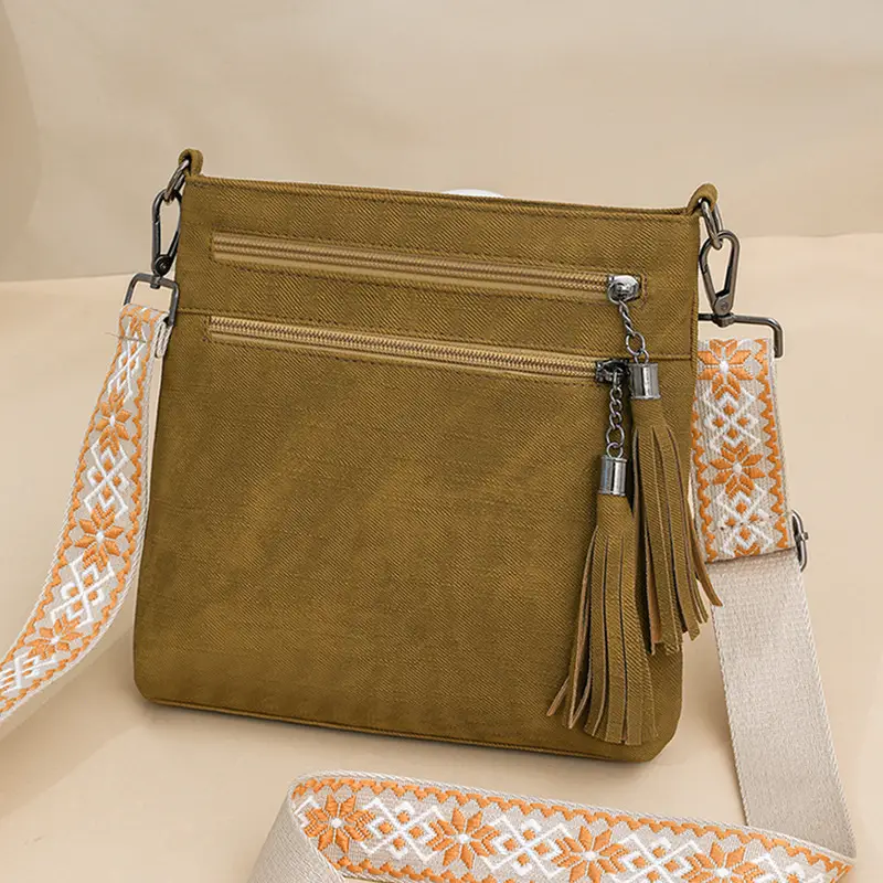 Women Retro Tassel Shoulder Bag Olive Green 2025