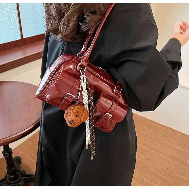 Korean Niche Retro Red Bowling Bag Multi-Pocket Shoulder Pillow Bag — feature 11