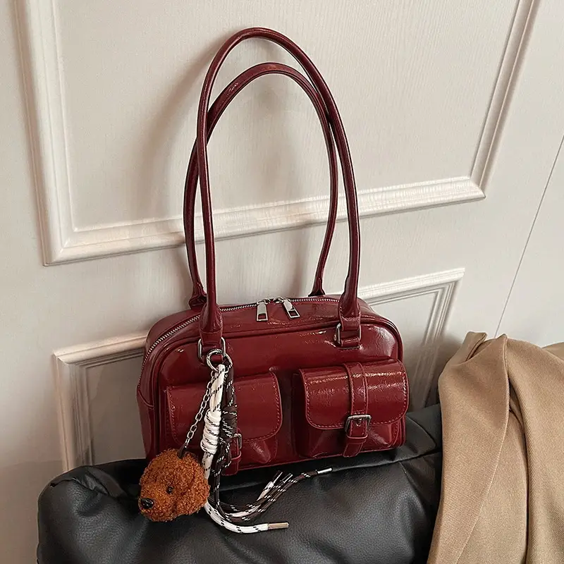 Korean Niche Retro Red Bowling Bag Multi-Pocket Shoulder Pillow Bag - Image 3