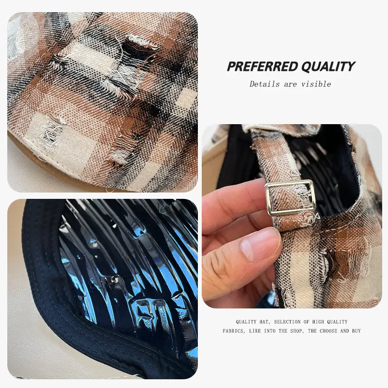 Hong Kong Style Retro Plaid Ripped Hat - Image 7