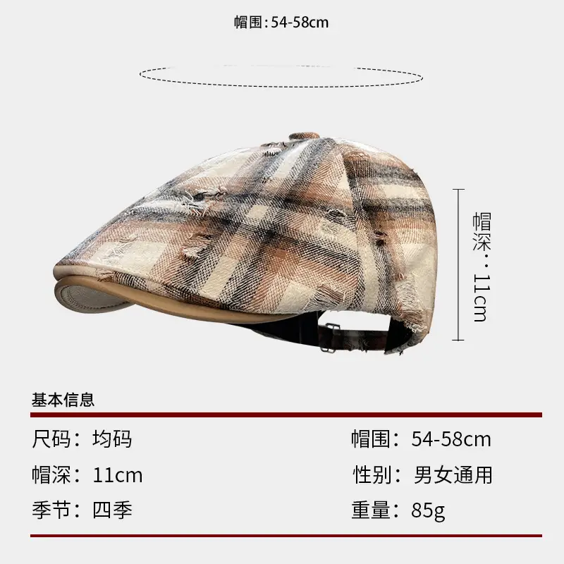 Hong Kong Style Retro Plaid Ripped Hat - Image 8