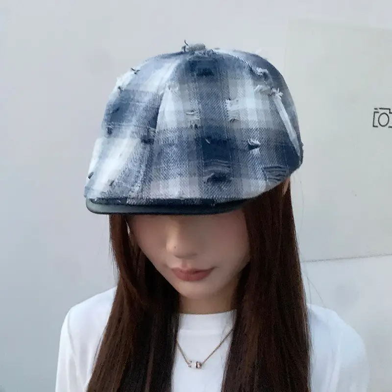 Hong Kong Style Retro Plaid Ripped Hat — feature 2