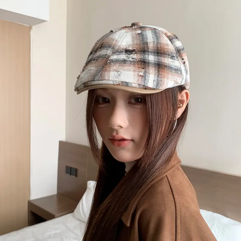 Hong Kong Style Retro Plaid Ripped Hat — feature 20