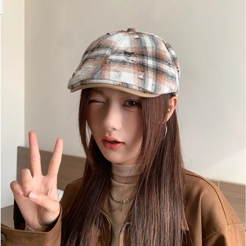 Hong Kong Style Retro Plaid Ripped Hat — feature 25