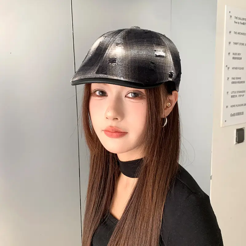 Hong Kong Style Retro Plaid Ripped Hat — feature 4