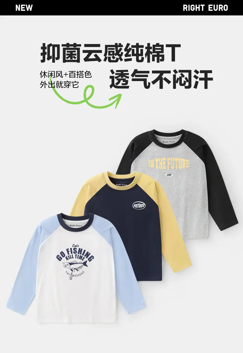 Right European Boys Pure Cotton Fishing T-Shirt Blue White — feature 2