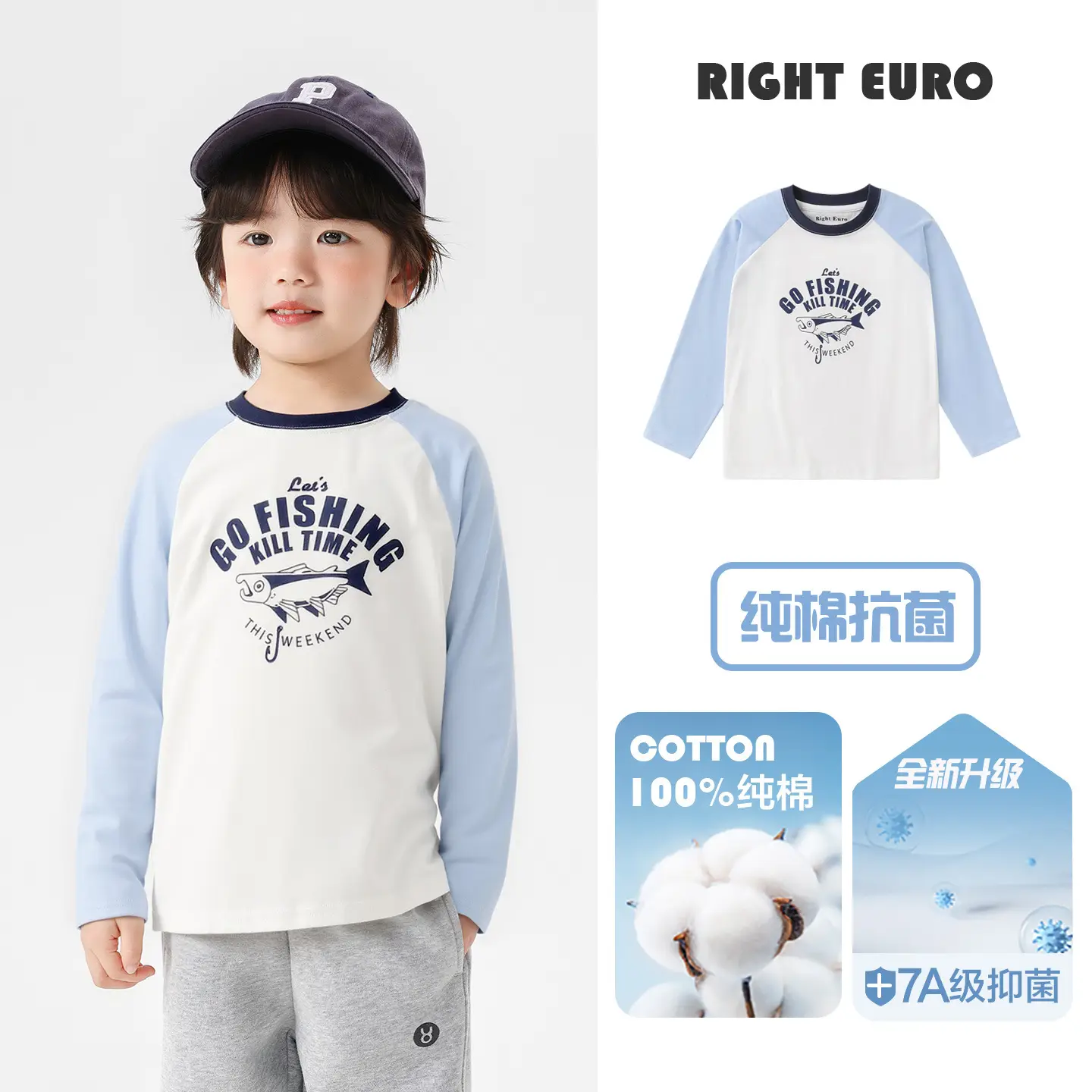 Right European Boys Pure Cotton Fishing T-Shirt Blue White - Image 2