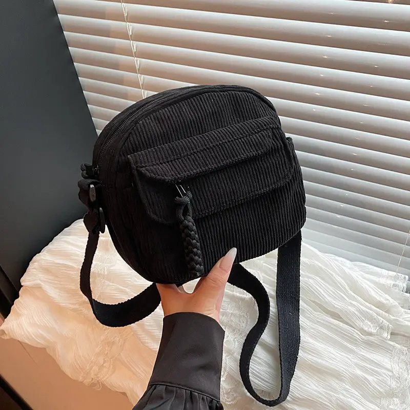Retro Corduroy Shoulder Bag Black Mobile Phone Bag - Image 6
