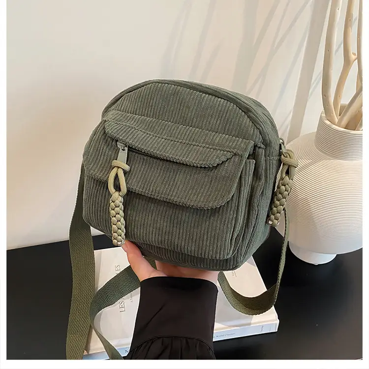 Retro Corduroy Shoulder Bag Black Mobile Phone Bag — feature 27
