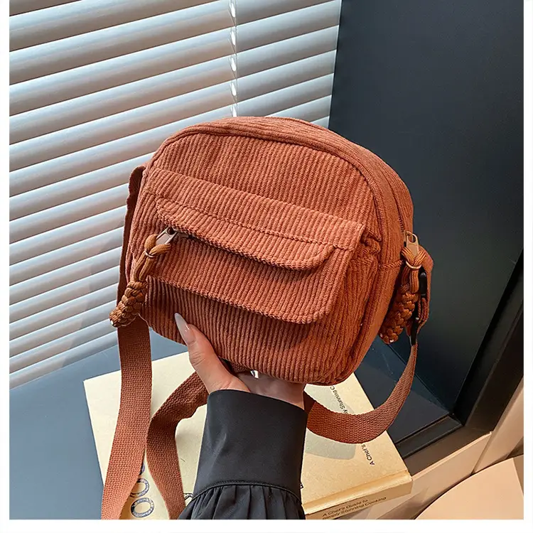 Retro Corduroy Shoulder Bag Black Mobile Phone Bag — feature 34