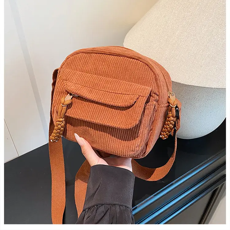 Retro Corduroy Shoulder Bag Black Mobile Phone Bag — feature 36
