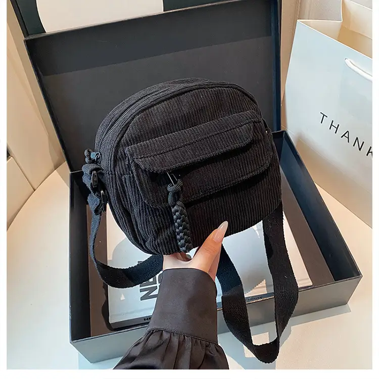 Retro Corduroy Shoulder Bag Black Mobile Phone Bag — feature 42