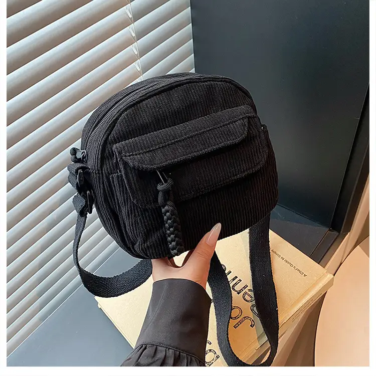 Retro Corduroy Shoulder Bag Black Mobile Phone Bag — feature 43