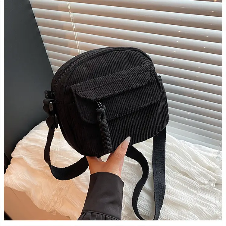 Retro Corduroy Shoulder Bag Black Mobile Phone Bag — feature 44