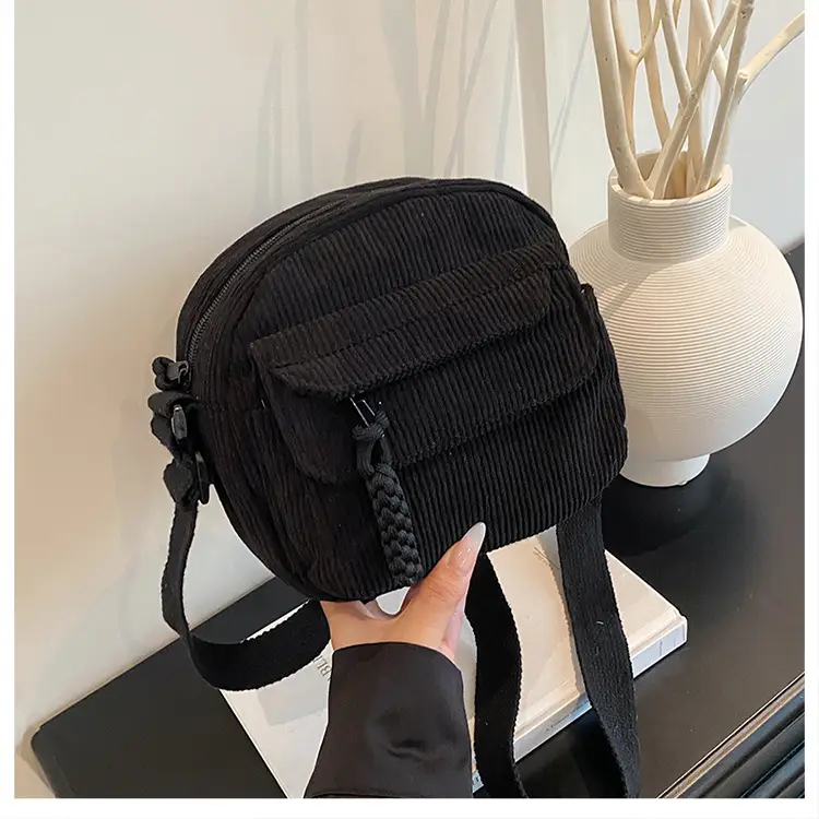 Retro Corduroy Shoulder Bag Black Mobile Phone Bag — feature 45