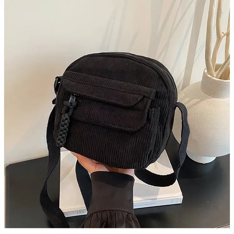 Retro Corduroy Shoulder Bag Black Mobile Phone Bag — feature 46