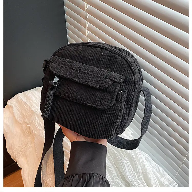 Retro Corduroy Shoulder Bag Black Mobile Phone Bag — feature 47