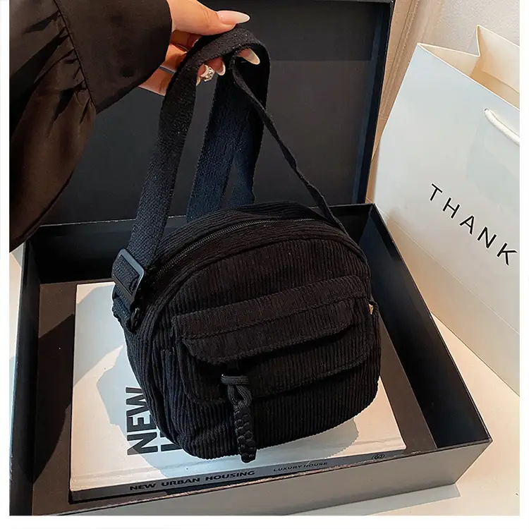 Retro Corduroy Shoulder Bag Black Mobile Phone Bag — feature 49
